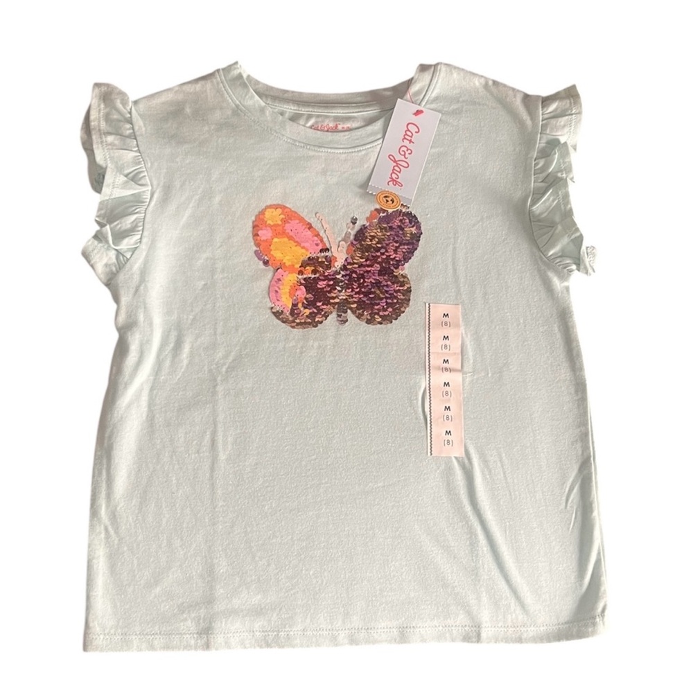 Cat & Jack Girls' Butterfly Sequin T-Shirt - Light Blue - Size M (8) - NWT